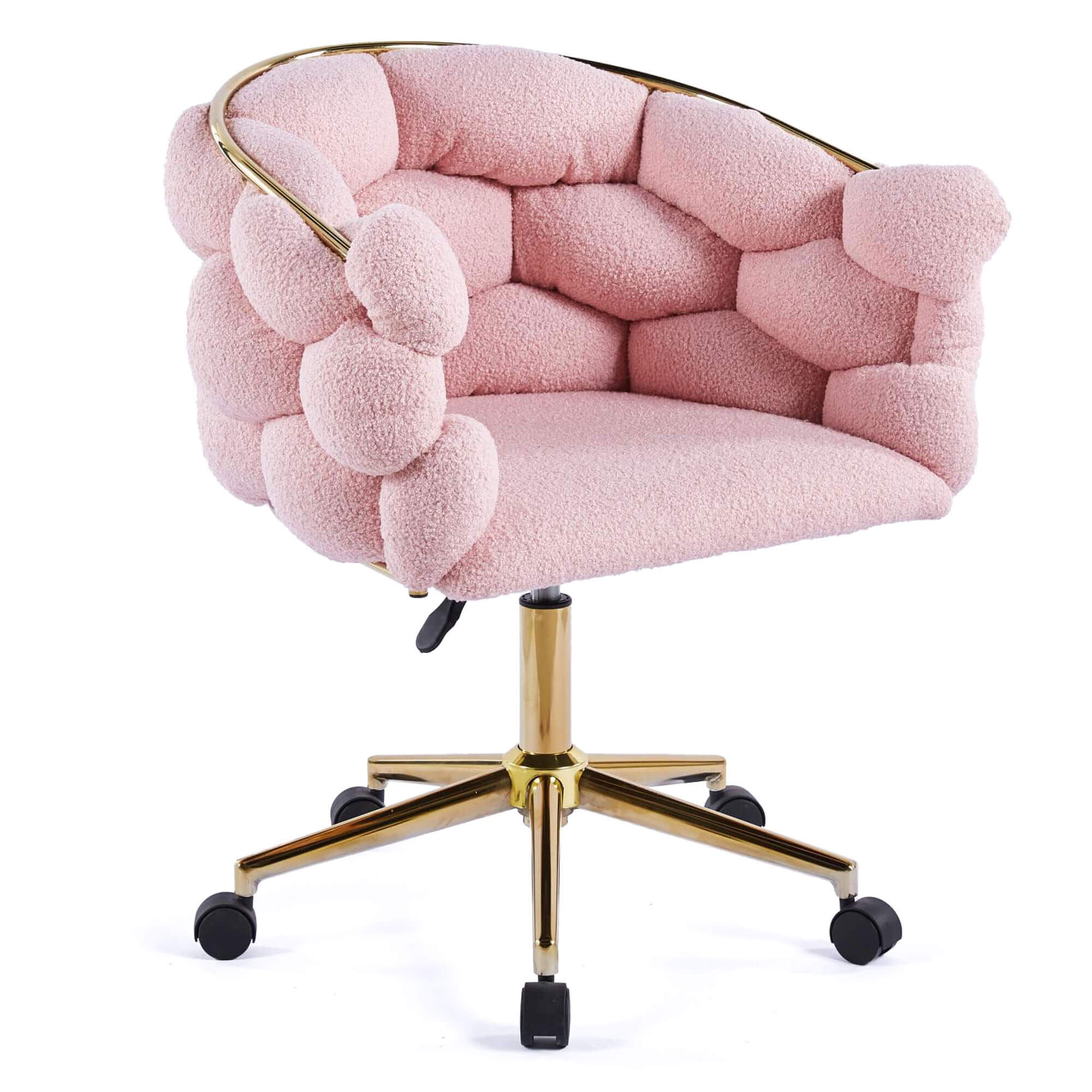 Różowe krzesło obrotowe Glamour BALLOON z tkaniny boucle na złotej podstawie