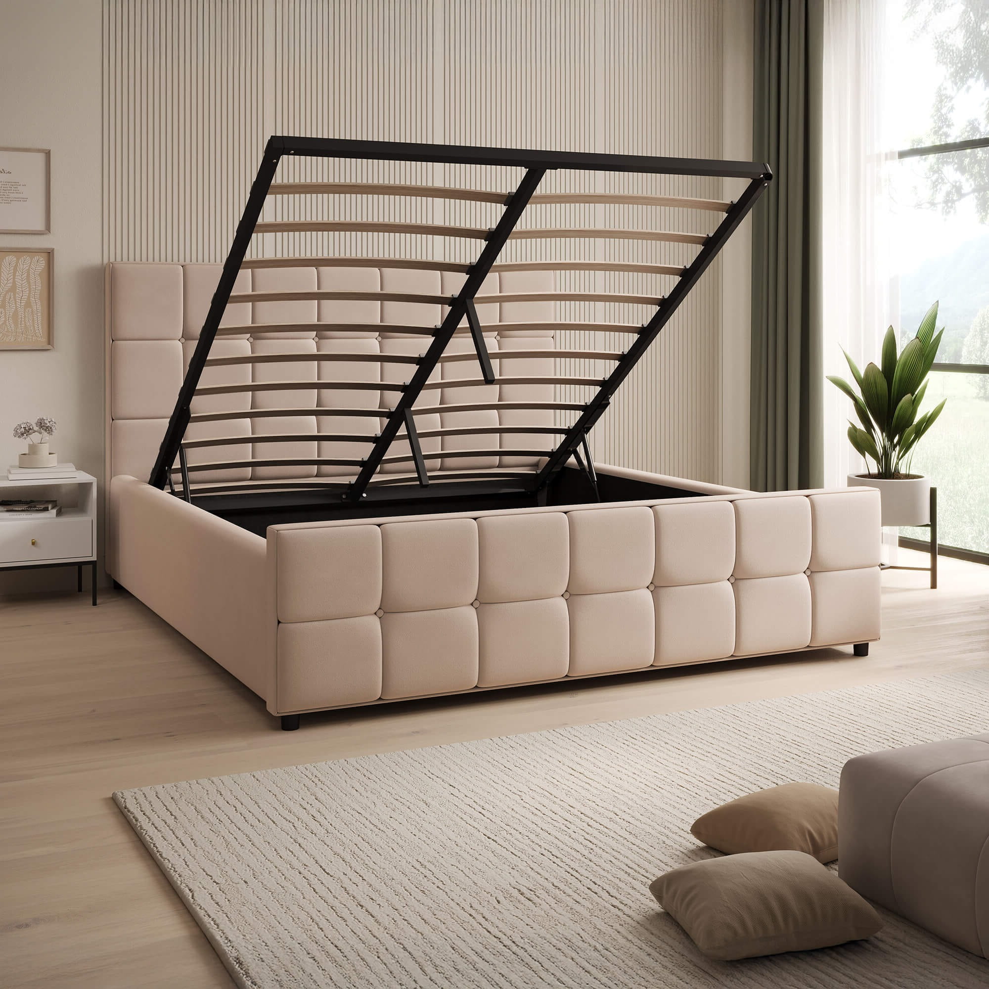 Zdjęcie produktu Łóżko tapicerowane z pojemnikiem SFG015 | 140x200 | Welur | Beżowy