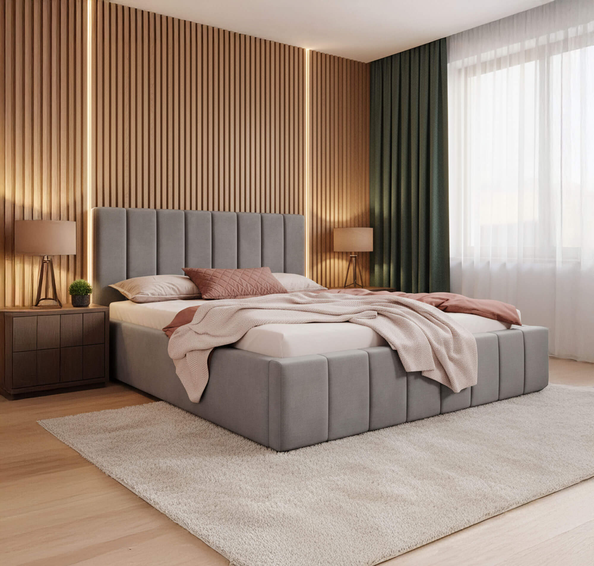 Szare łóżko tapicerowane welurowe SF1069 180 × 200 cm z drewnianym stelażem