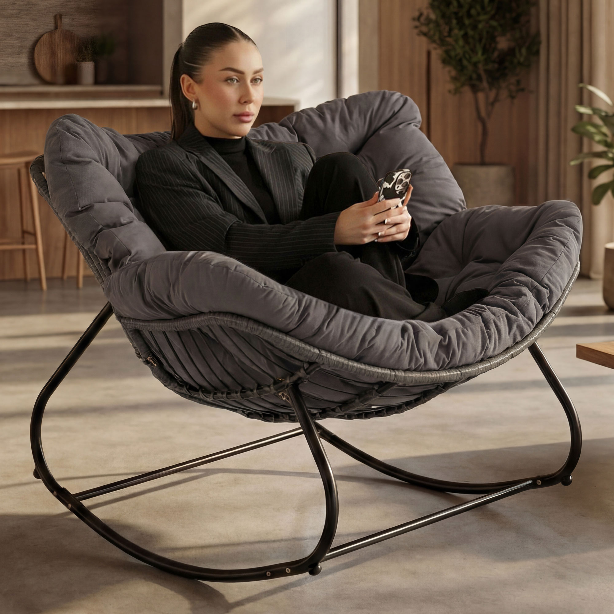 Ogrodowy fotel bujany technorattan FB-001 szary