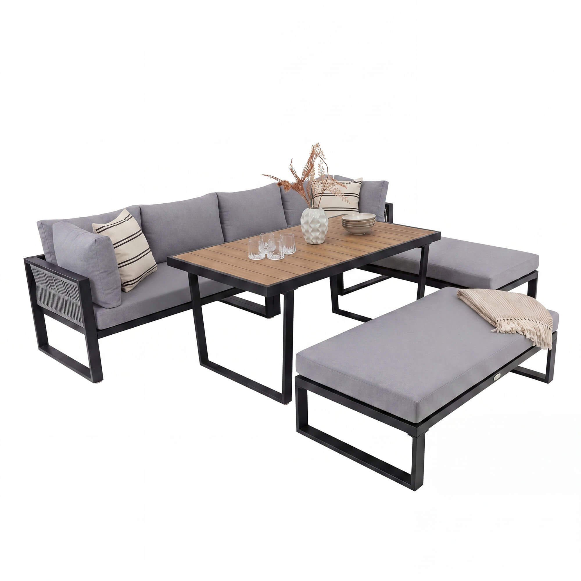 Zestaw mebli ogrodowych SIENA BIG + Stół Sycylia | Aluminium czarny | Szare poduszki