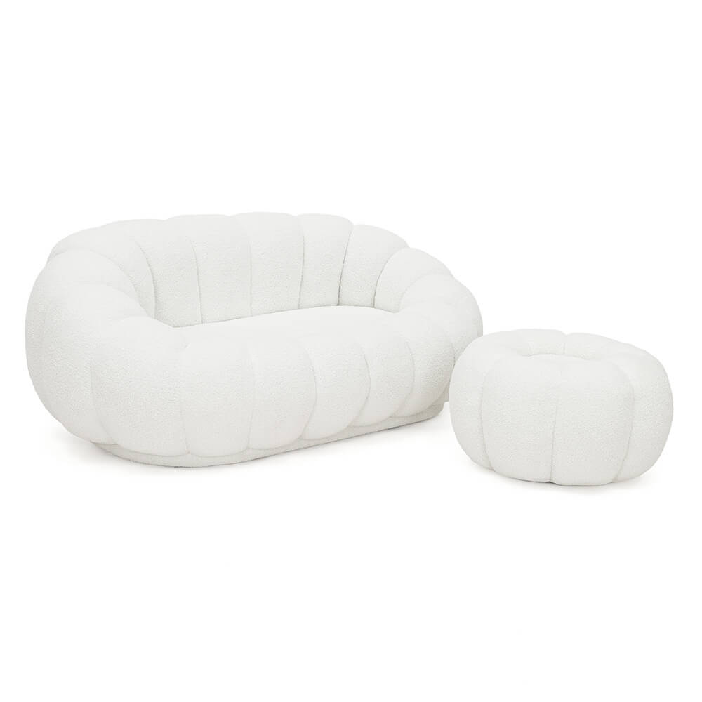 Fotel 2 osobowy z podnóżkiem CX2032 Pumpkin | Bouclé | Biały #1 | OUTLET