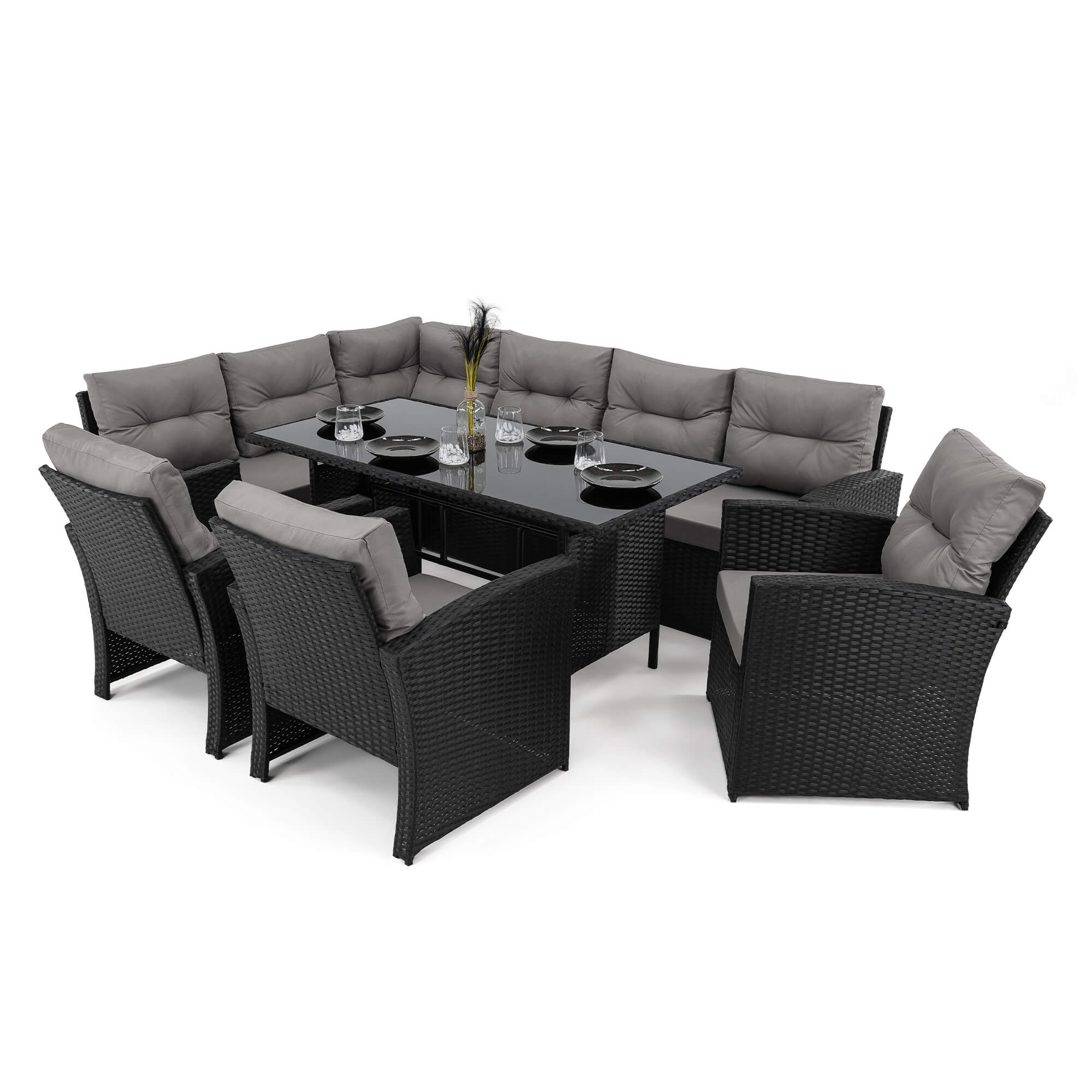 Zestaw mebli ogrodowych dla 9 osób KRETA | Technorattan | Czarny | Poduszki szare 01 | OUTLET