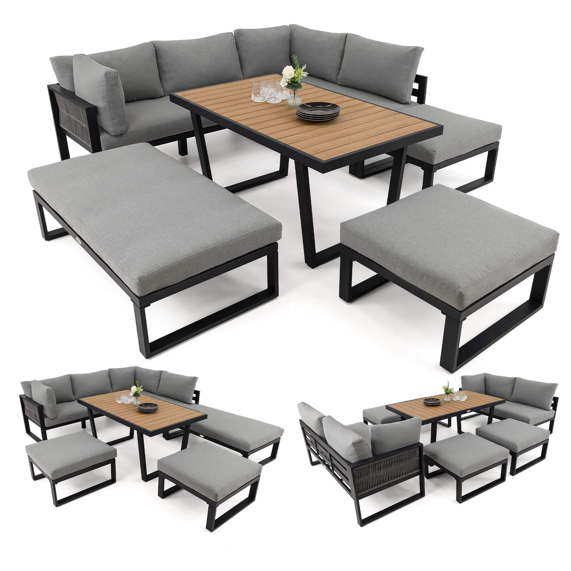 Zestaw mebli ogrodowych SIENA SUPER BIG + Stół Sycylia | Aluminium czarny | Szare poduszki | OUTLET