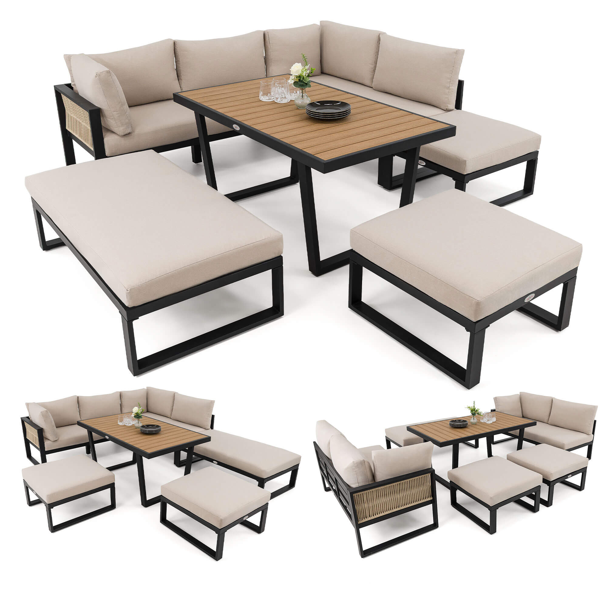 Zestaw mebli ogrodowych SIENA SUPER BIG + Stół Sycylia | Aluminium czarny | Beżowe poduszki | OUTLET
