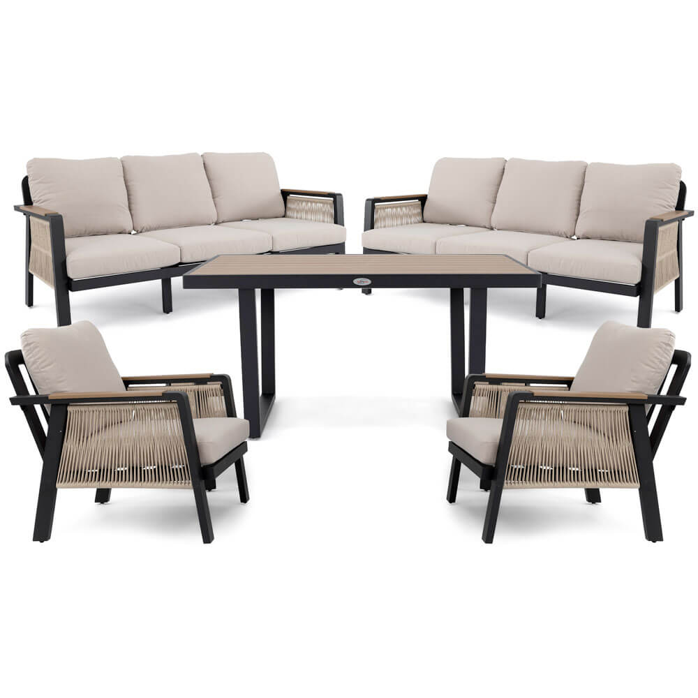 Zestaw mebli ogrodowych z aluminium PROVENCE DUO | Czarny + imitacja drewna | Beżowe poduszki OUTLET