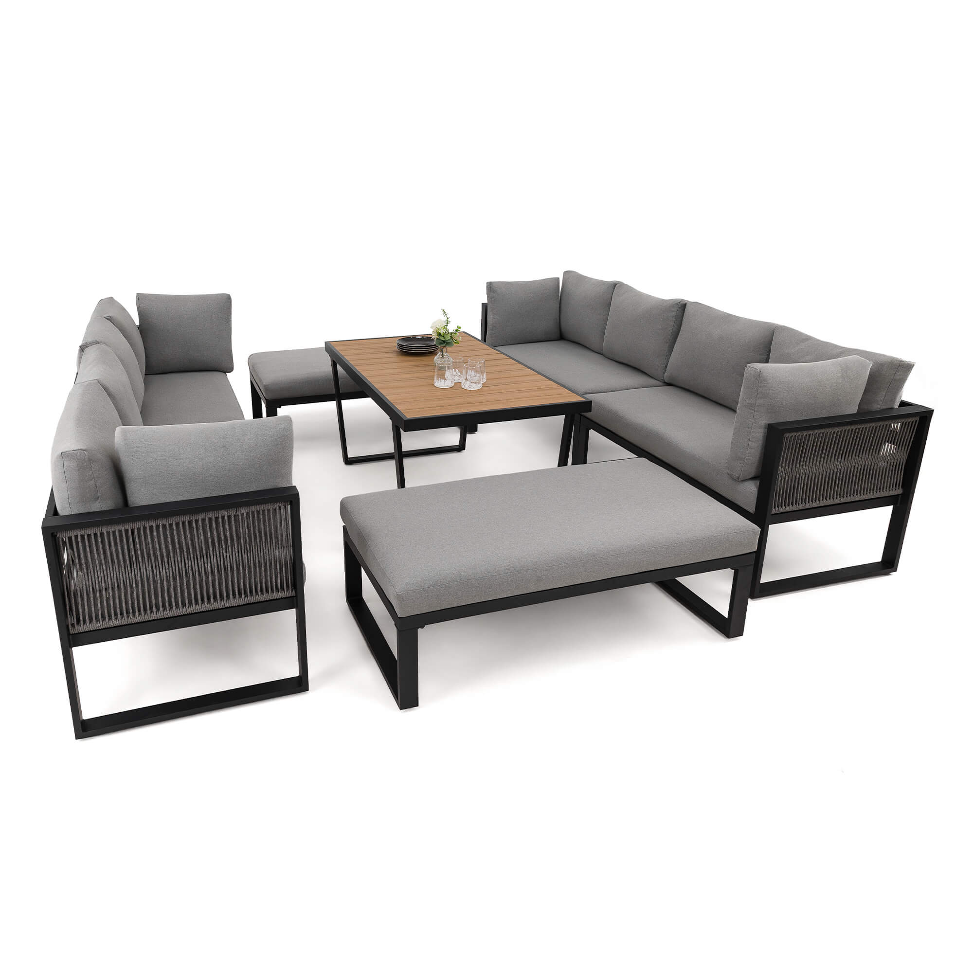 Zestaw mebli ogrodowych RAVENA DUO + Stół Sycylia | Aluminium czarny | Szare poduszki OUTLET