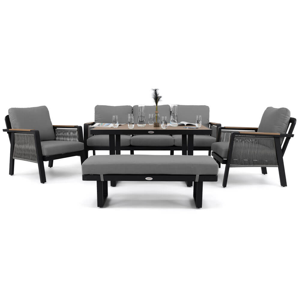 Zestaw mebli ogrodowych z aluminium PROVENCE | Czarne + imitacja drewna | Szare poduszki OUTLET