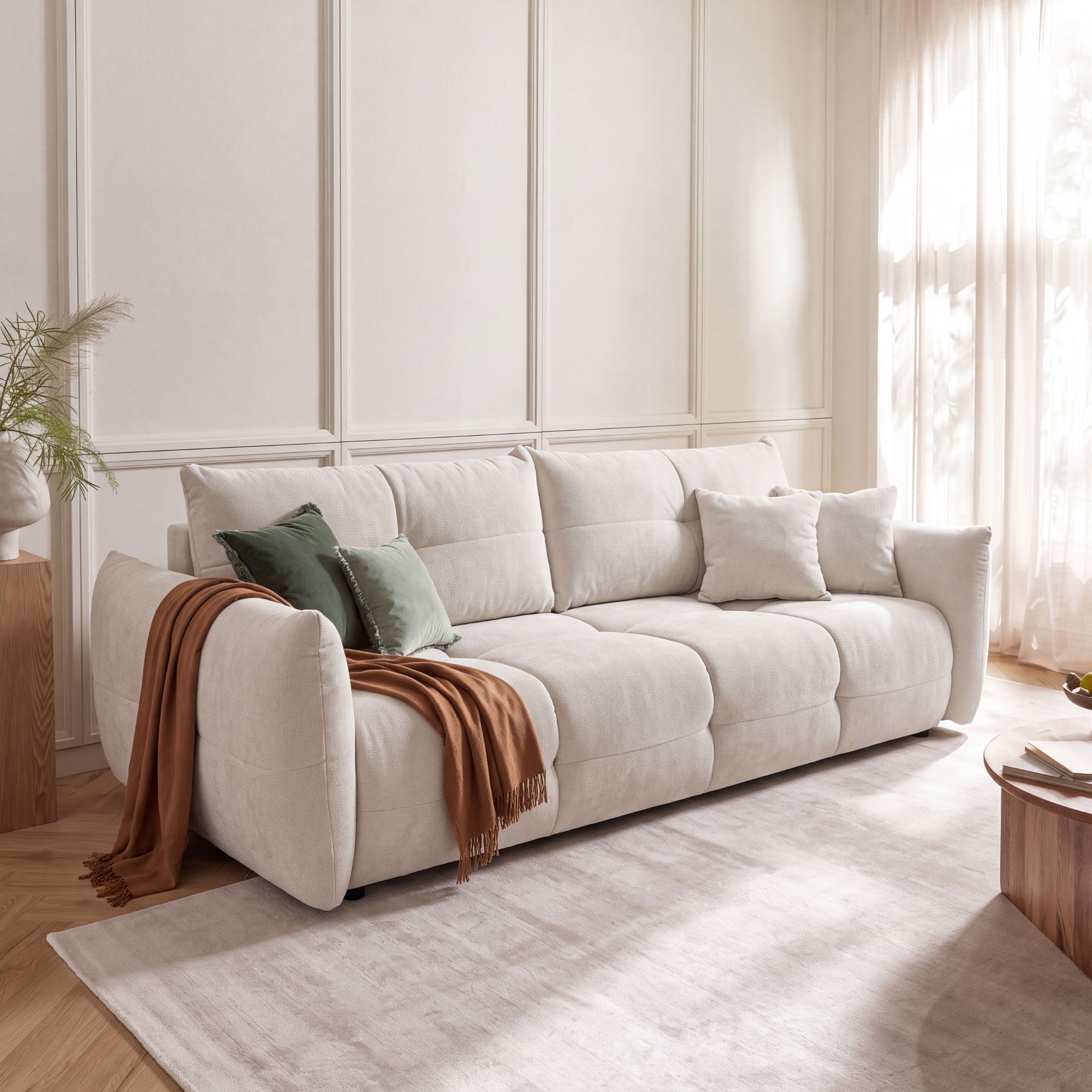Designerska sofa pikowana BASE z funkcją spania i pojemnikiem w tkaninie Wind