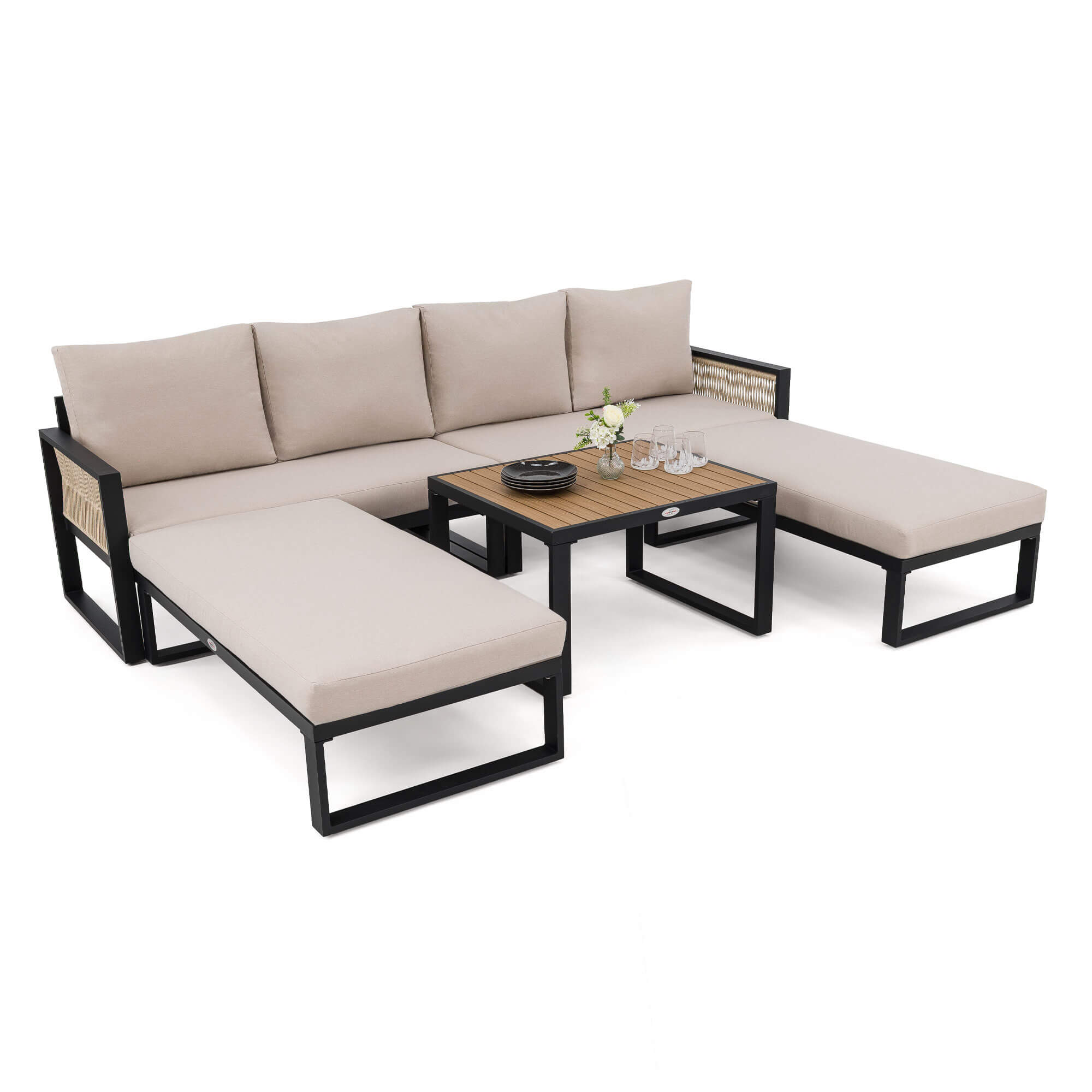Zestaw mebli ogrodowych SANTOS | Aluminium czarny | Beżowe poduszki | OUTLET