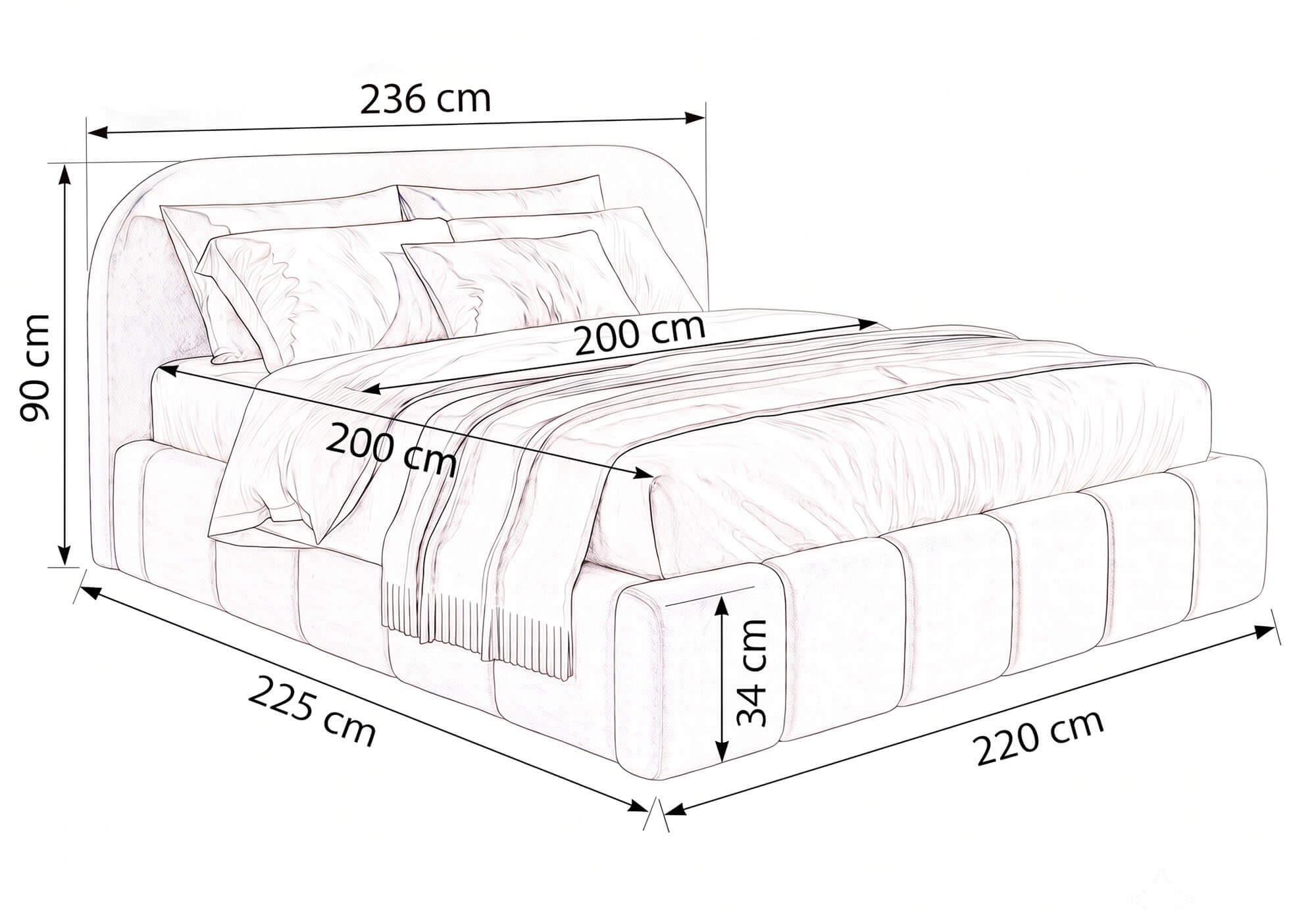 Wymiary łóżka tapicerowanego ORLANDO SLIM 200 × 200 cm