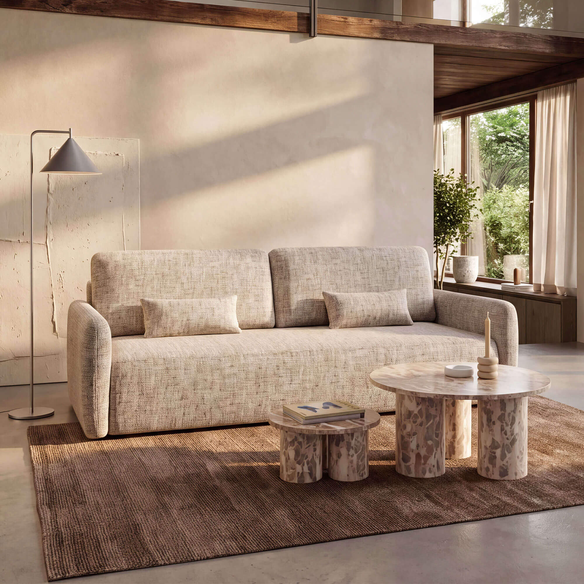 Beżowa sofa rozkładana z funkcją spania IVI tkanina IMO