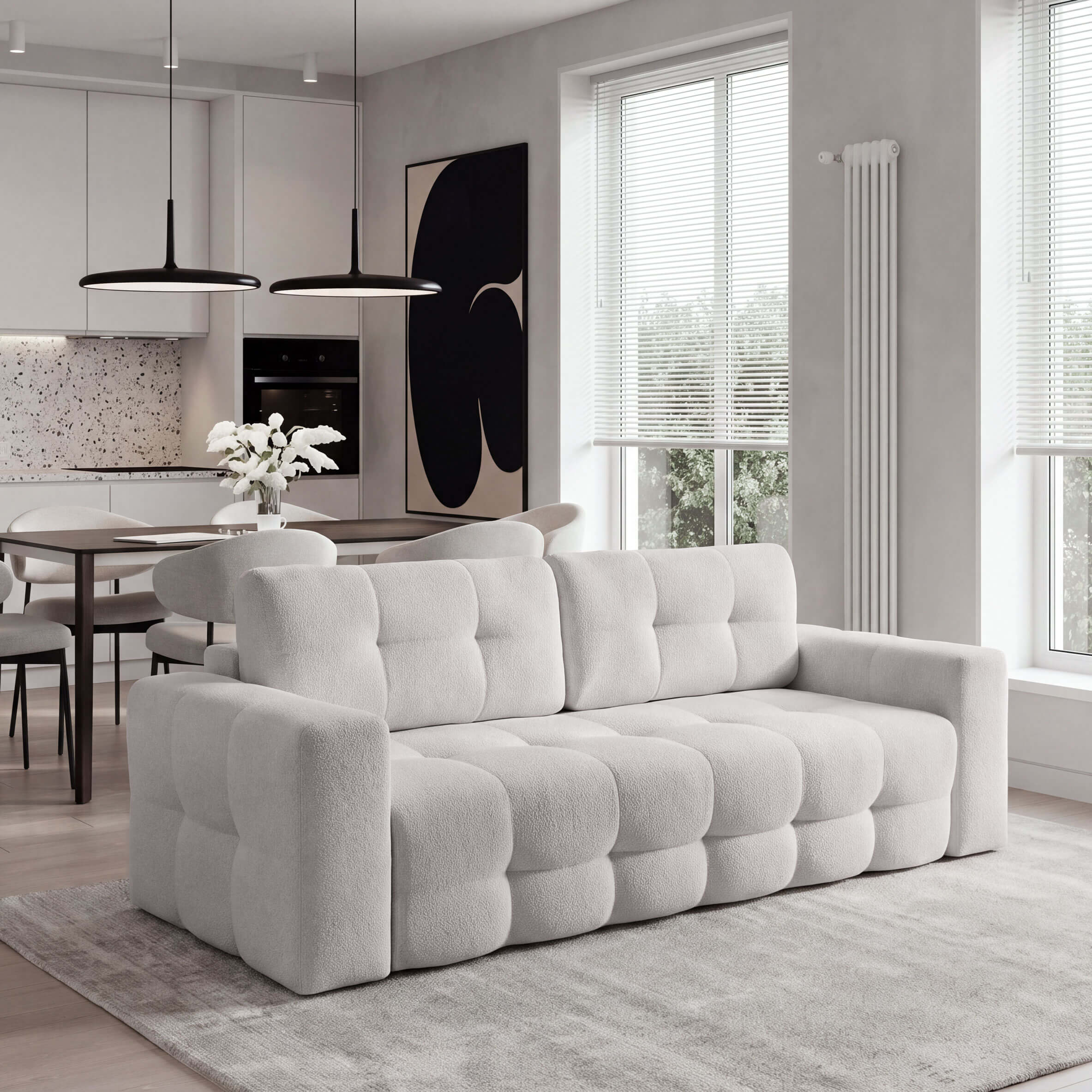Biała sofa rozkładana LUSSI z tkaniny barankowej QUELLE 01