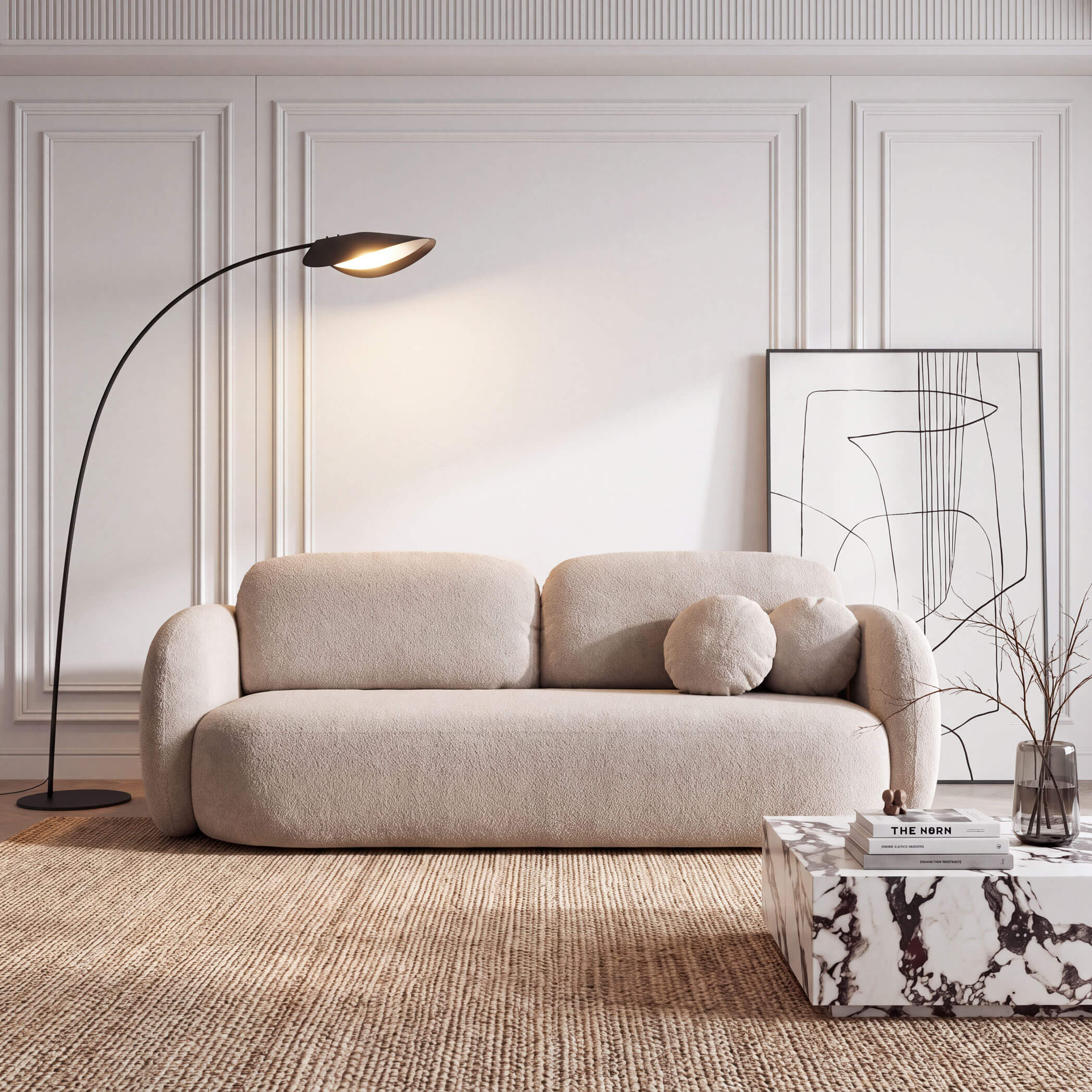 Designerska sofa obła z funkcją spania OLIO w tkaninie typu bouclé