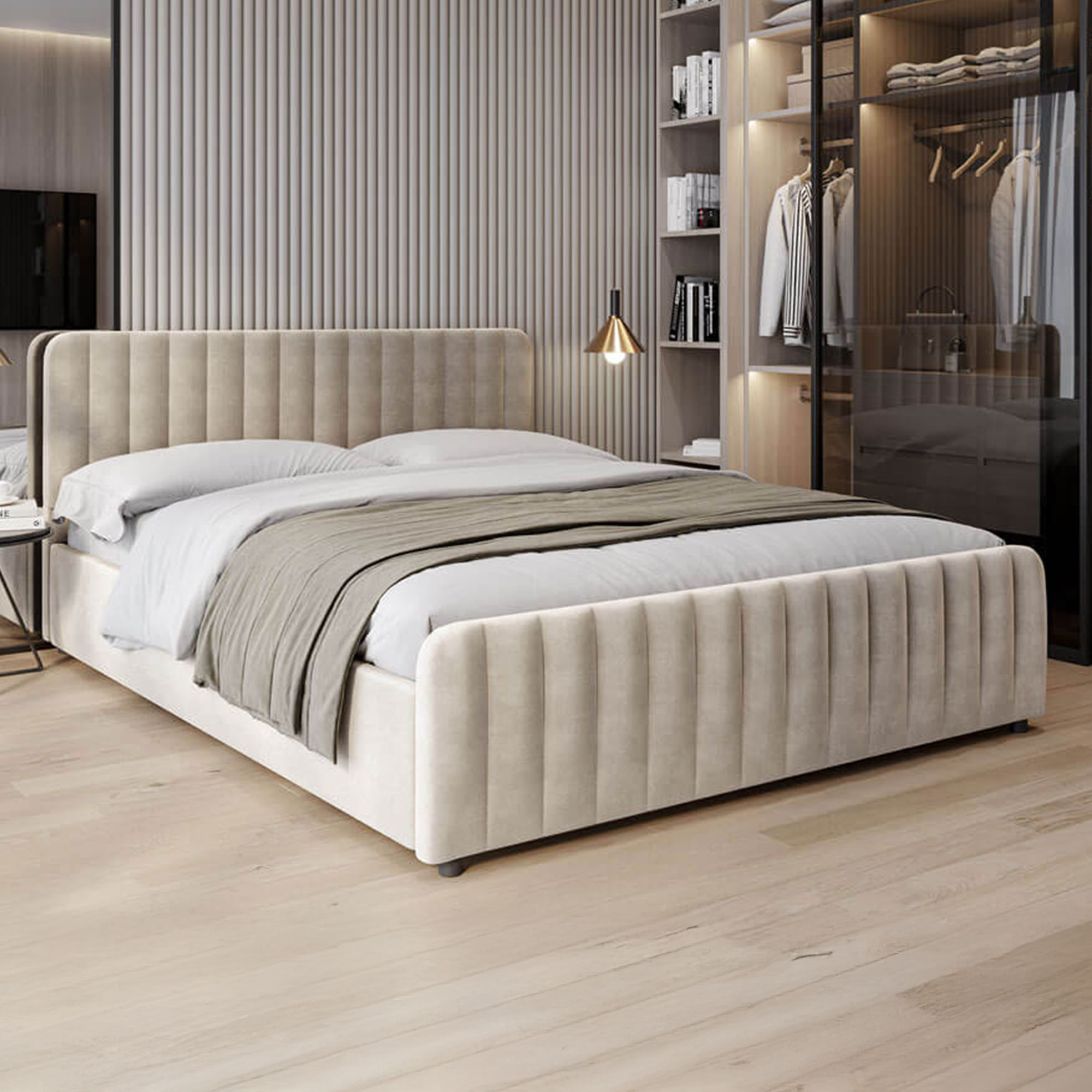 Łóżko tapicerowane z pojemnikiem SFG0160 | 140x200 | Welur | Beżowy #3 | OUTLET