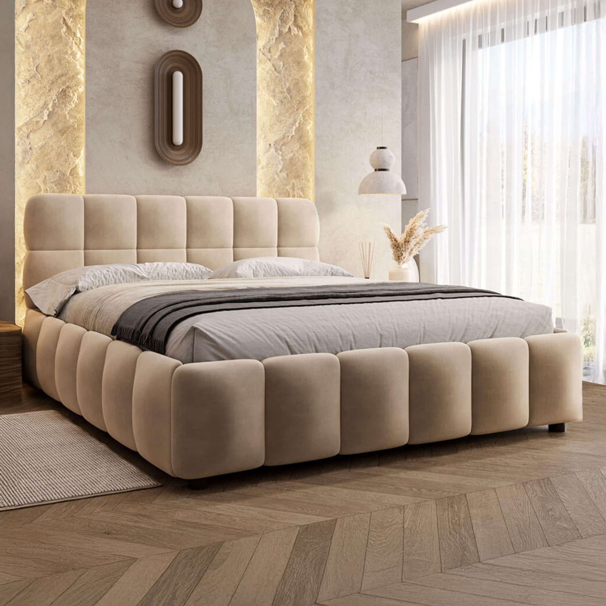 Łóżko tapicerowane z pojemnikiem 4583G | 160x200 | Welur | Beż #6 | OUTLET