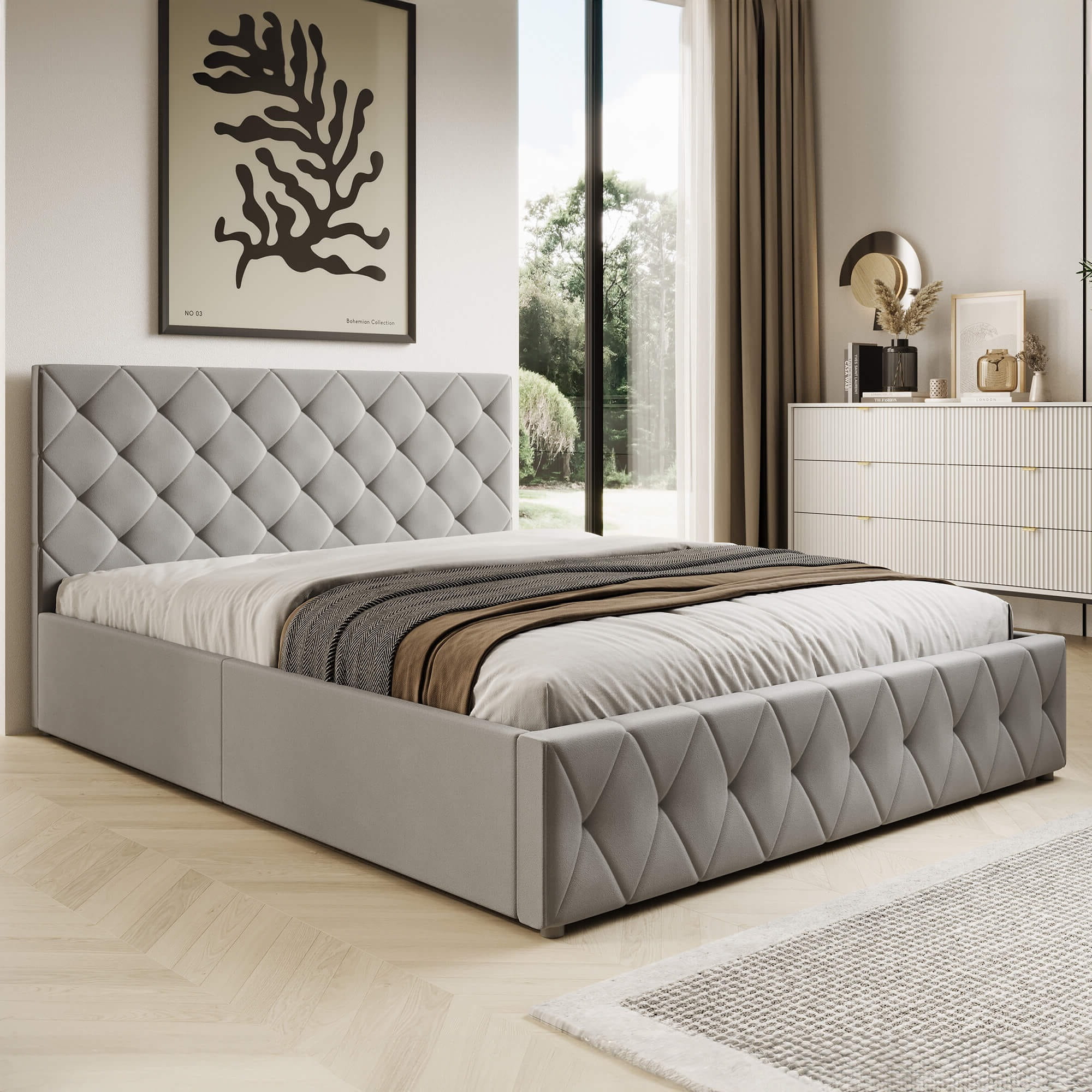 Łóżko tapicerowane z pojemnikiem LB-46 | 160x200 | Welur | Popiel | OUTLET