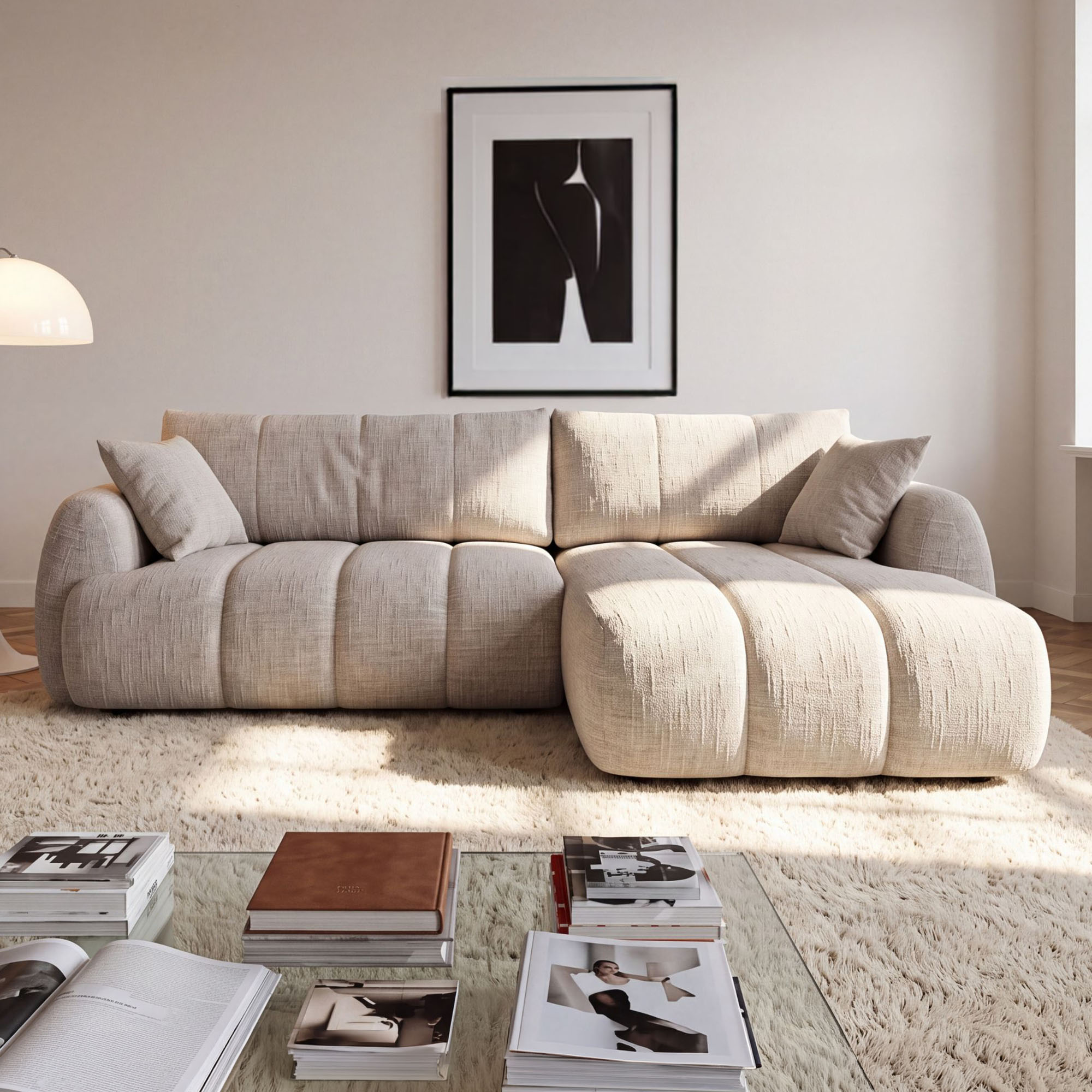 Designerski narożnik rozkładany z pojemnikiem COZY