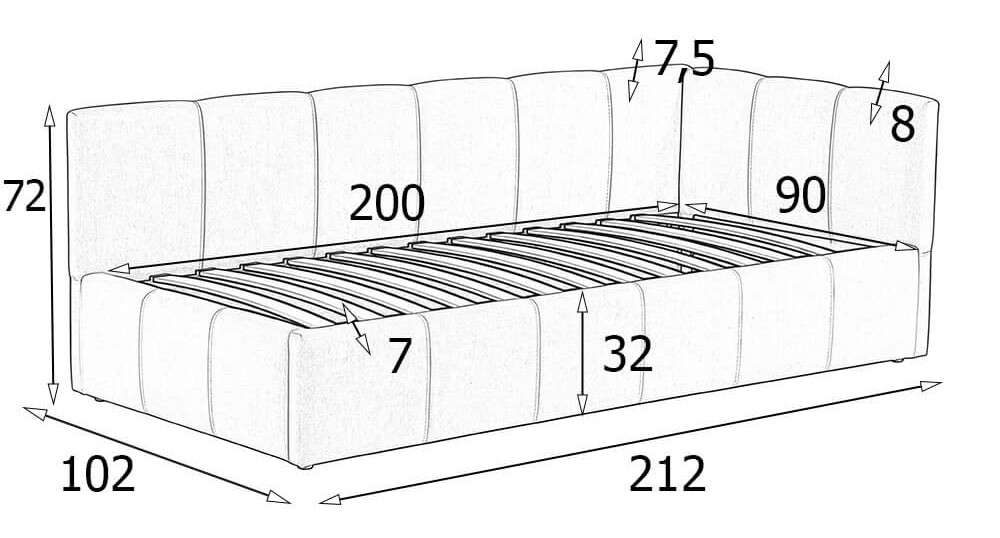Wymiary łóżka tapicerowanego bouclé 5084G-R 90 × 200 cm