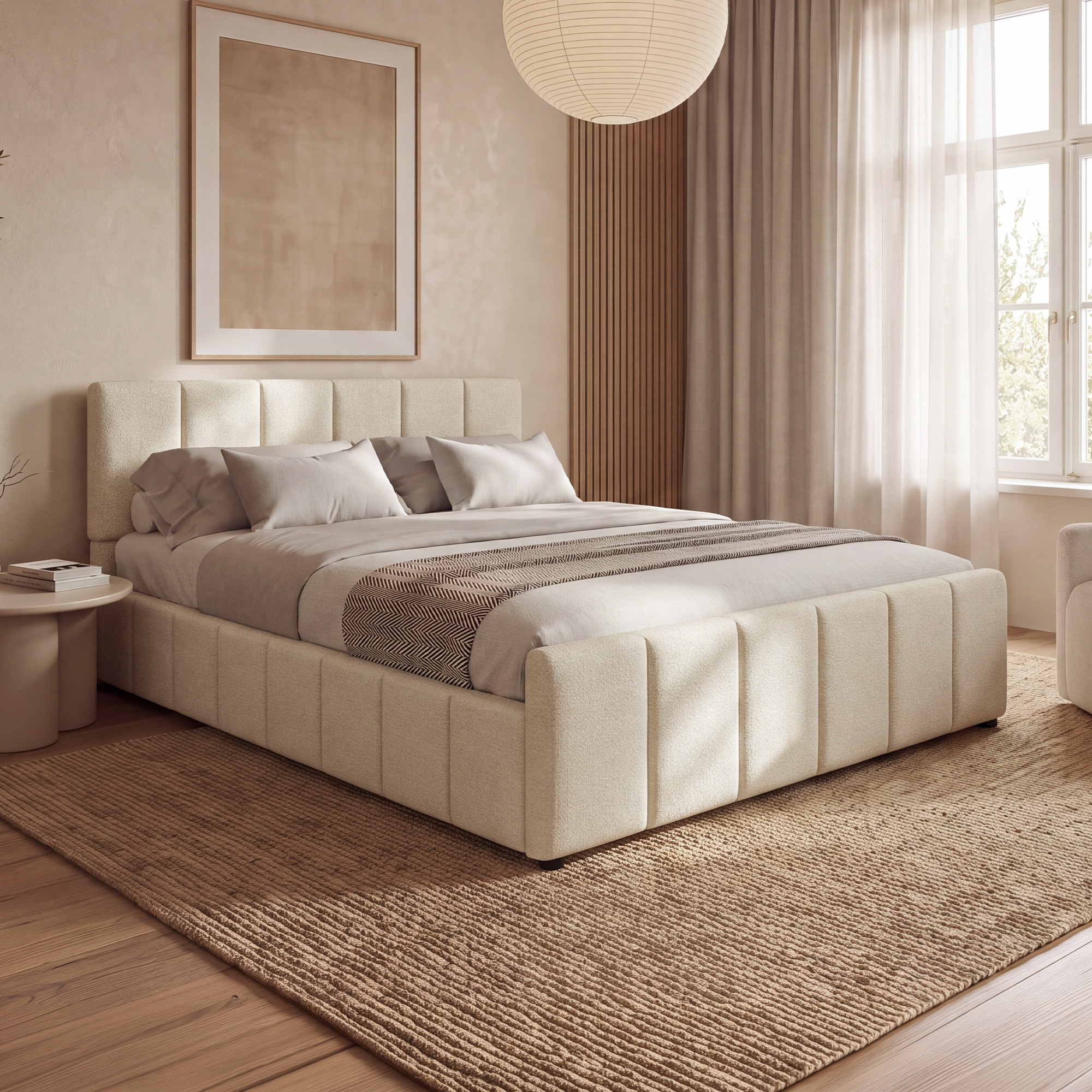 Beżowe łóżko tapicerowane welurowe SFG0166 180 x 200 cm z pojemnikiem