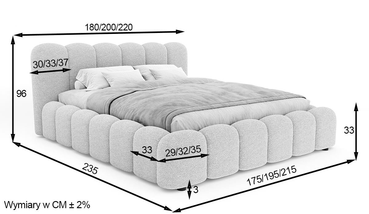 Wymiary łóżka tapicerowanego boucle SFG0178 180 × 200 cm