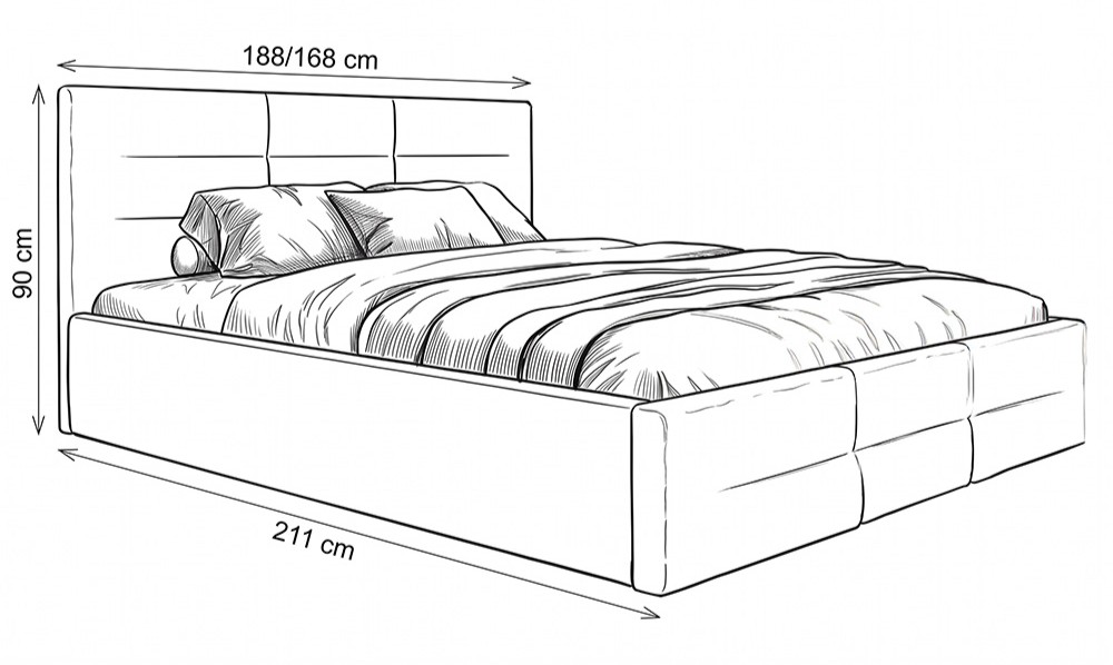 Wymiary jasnoszarego łóżka tapicerowanego SFG0142 180 × 200 cm