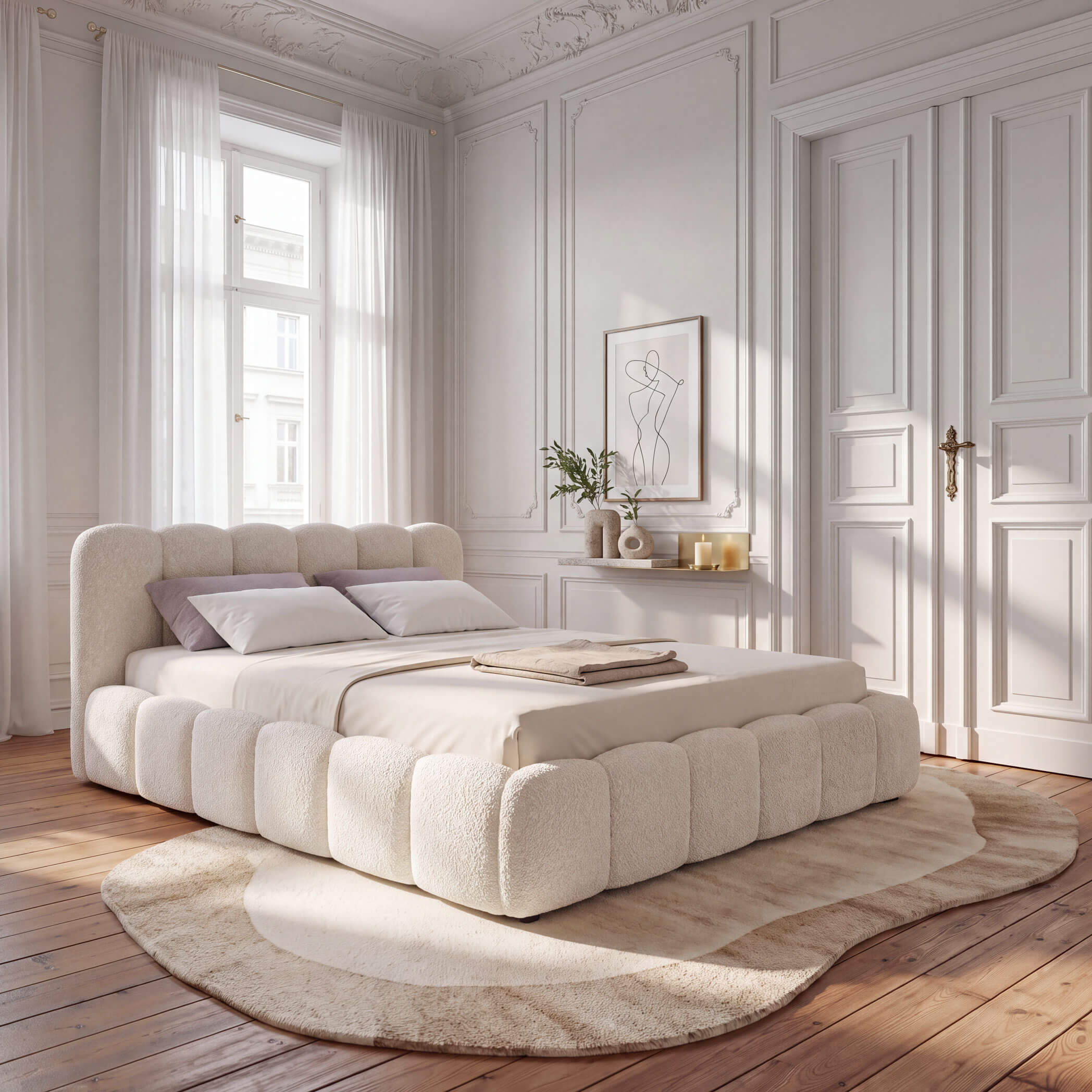 Beżowe łóżko tapicerowane boucle SF1109 160 × 200 cm z pikowanymi panelami