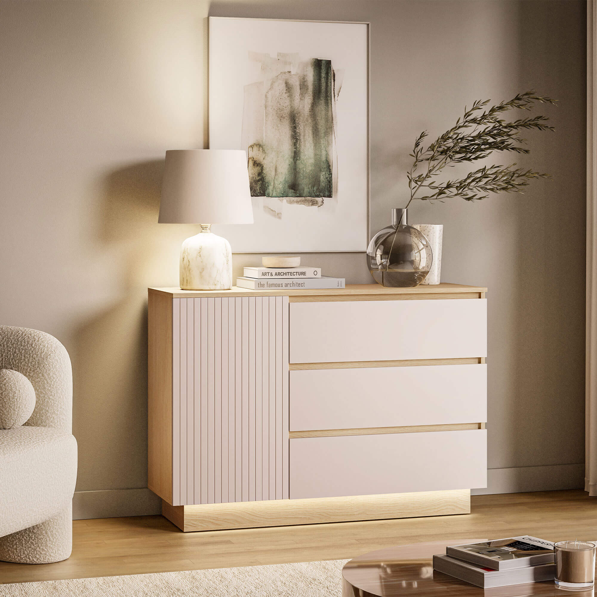 Komoda HILLS 04 dąb Mavelie kaszmir z oświetleniem LED