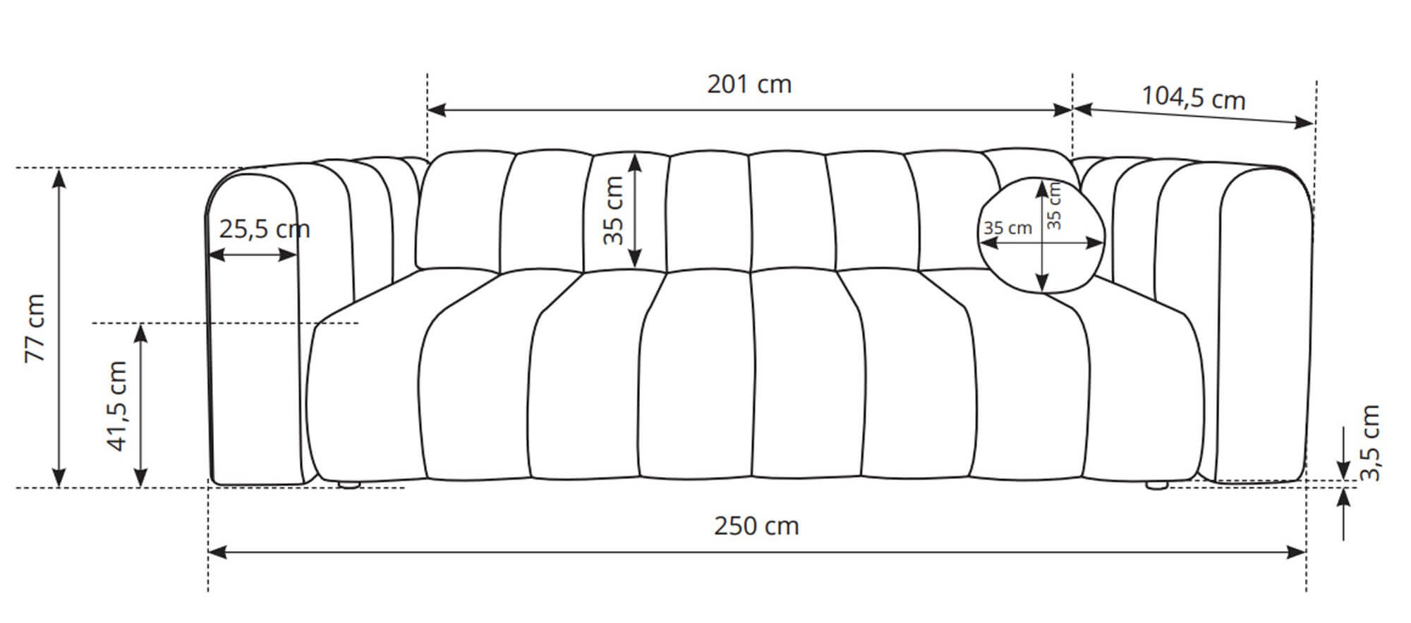 Wymiary rozkładanej sofy tapicerowanej FUMO 250 cm