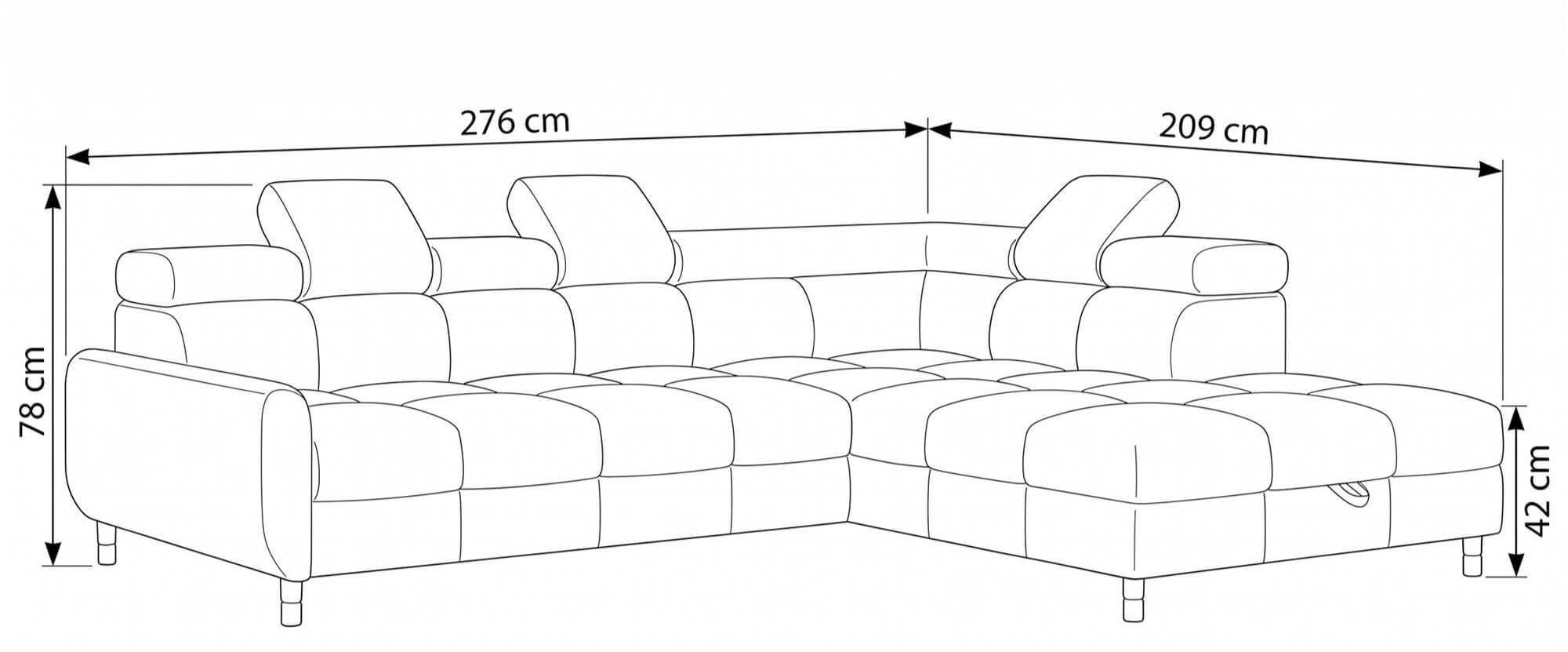 Wymiary narożnika rozkładanego BUN 276 × 209 cm