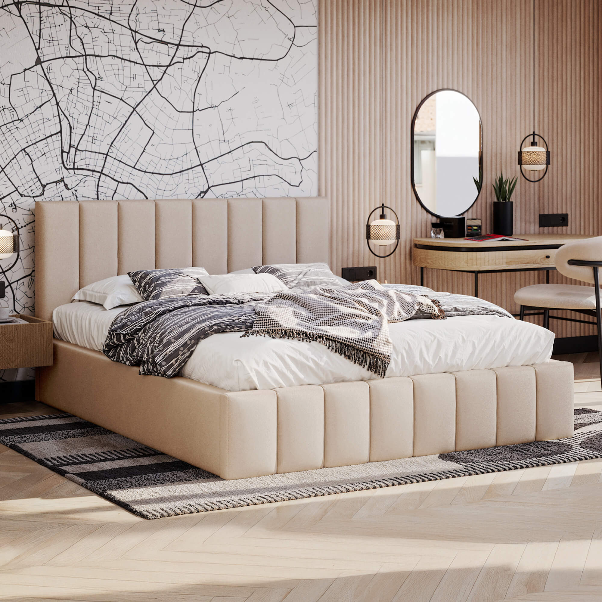 Łóżko tapicerowane z pojemnikiem SFG0116P | 180x200 | Welur | Beżowy | SZYBKA WYSYŁKA