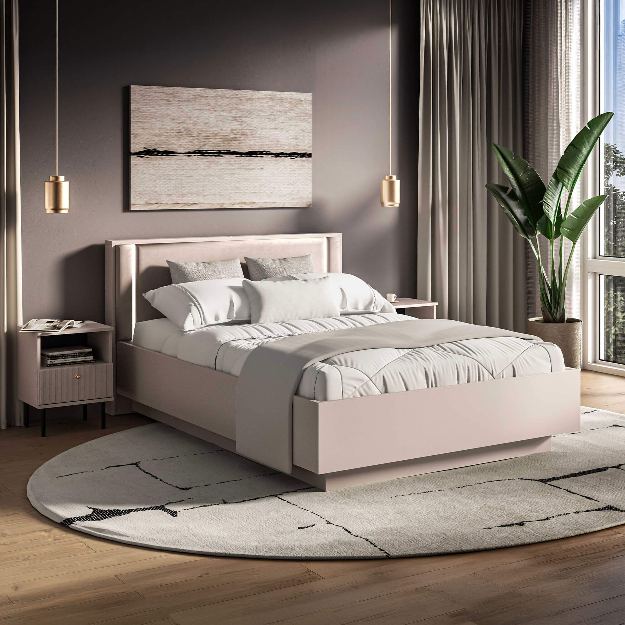 Łóżko z pojemnikiem SOPHIE 31 | 140x200 | Oświetlenie LED | Welur | Kaszmir