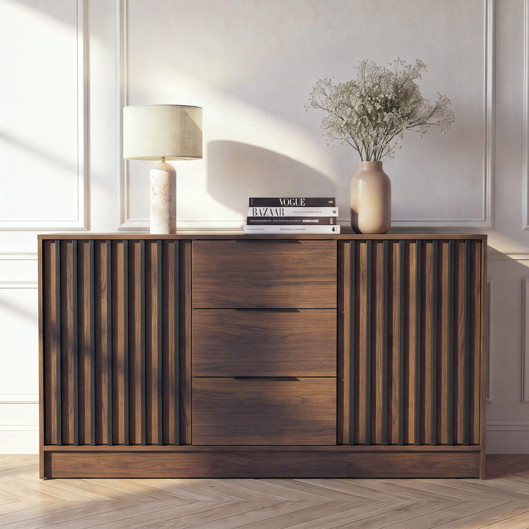 Zdjęcie produktu Komoda NELLY 3D | 155 cm | Orzech | Czarne lamele