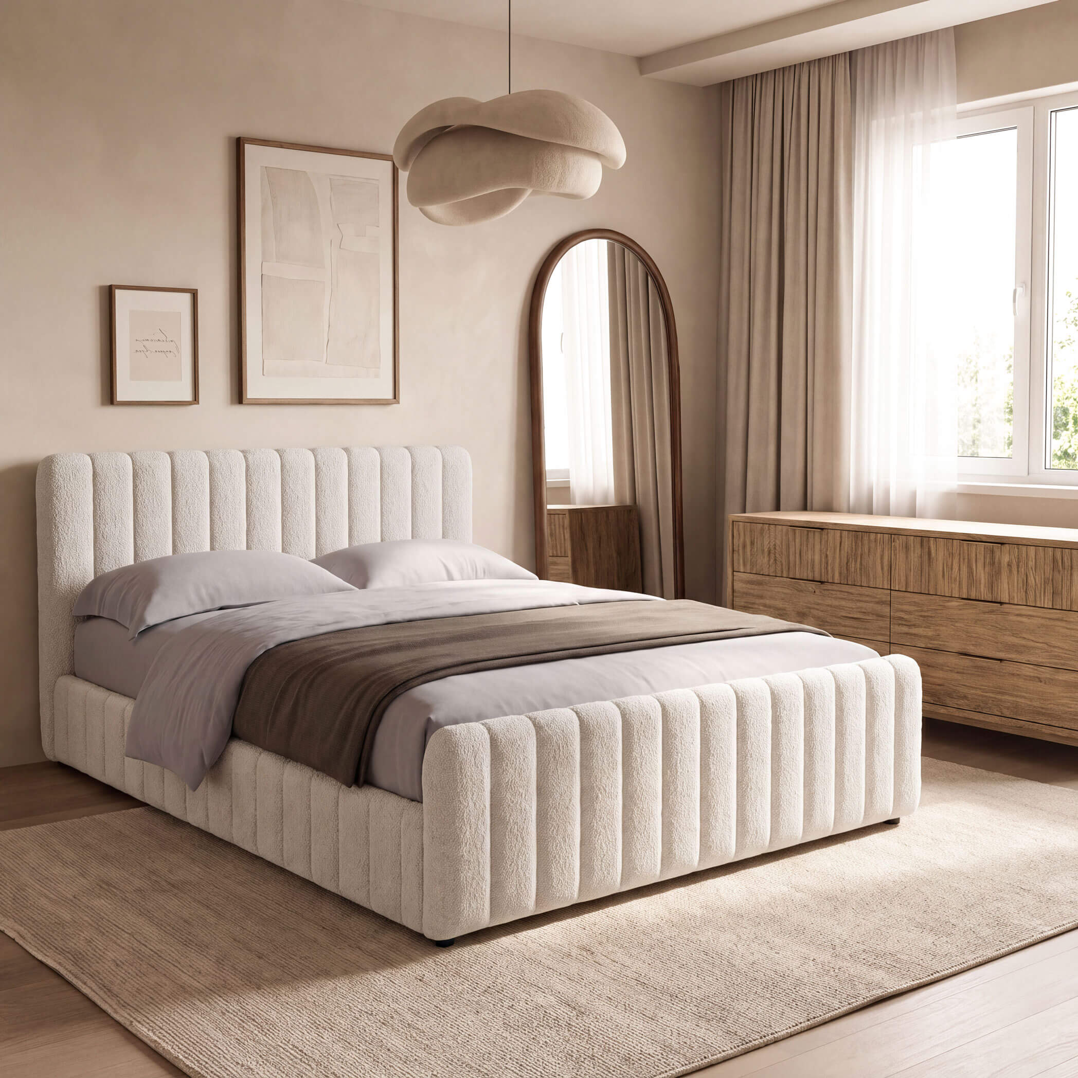 Beżowe łóżko tapicerowane boucle SFG0167 180 × 200 cm z pojemnikiem na pościel
